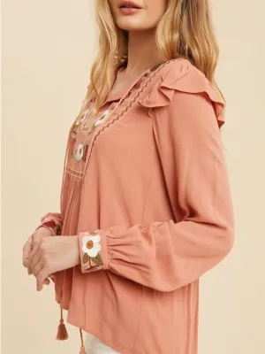 Liliana Embroidered Smock Top - Terracotta