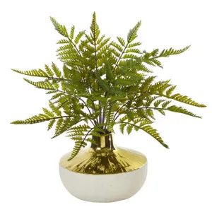 14" Fern Artificial Plant in Gold and Cream Elegant Vase