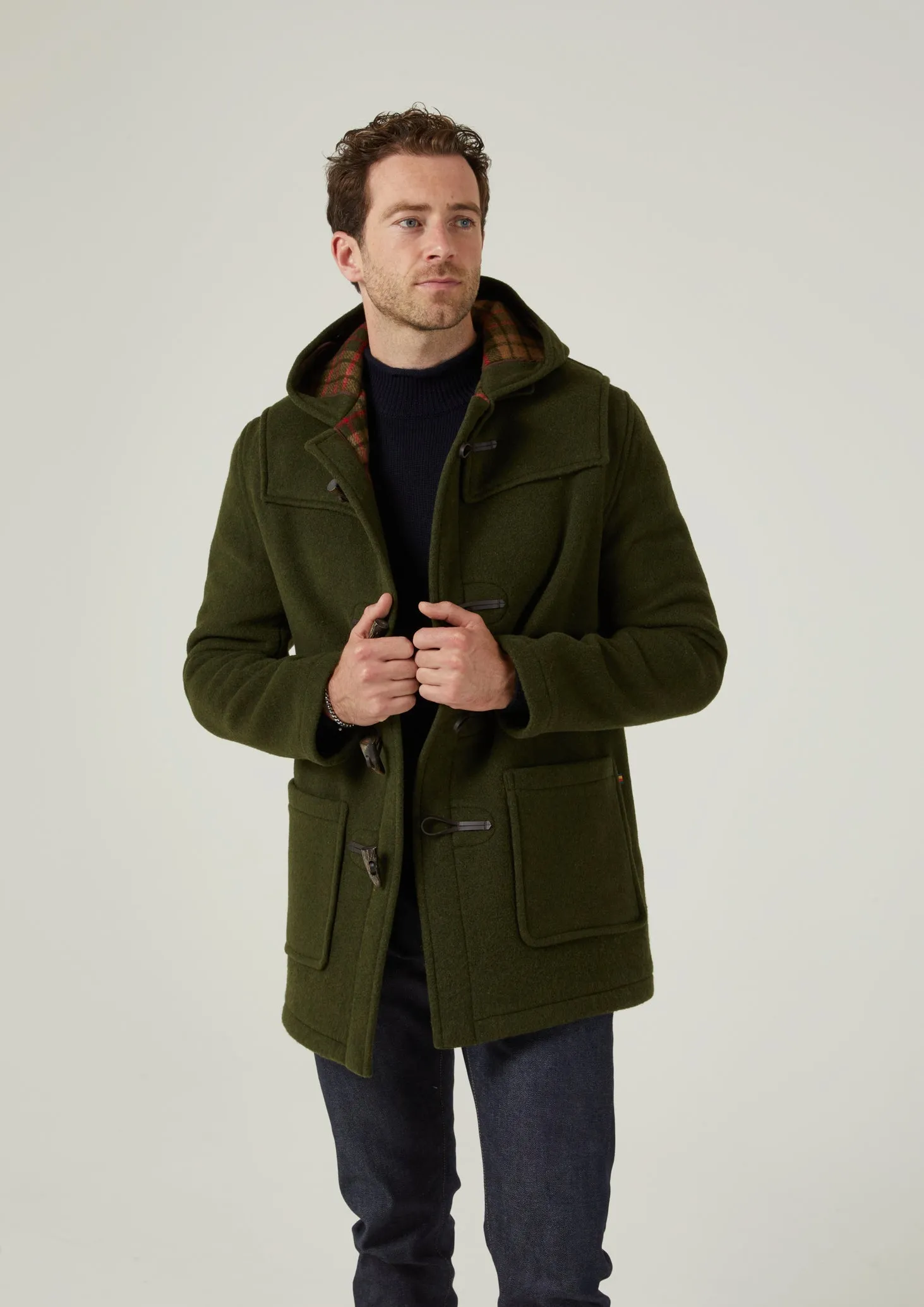 Alcombey Check Back Duffle Coat In Loden