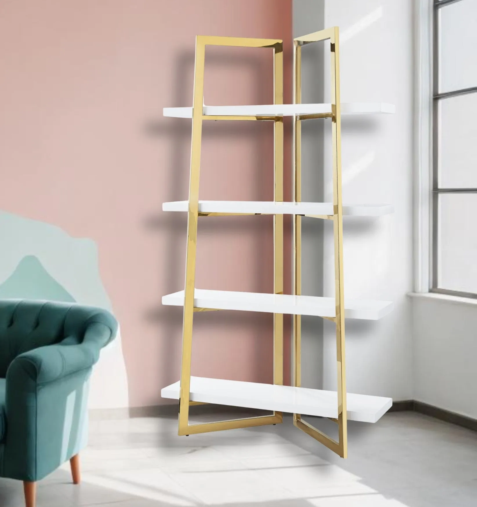 Aluna Bookshelf with 4 Shelves, White & Gold