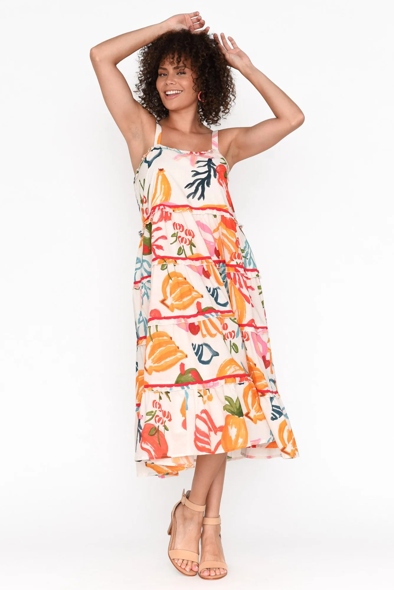 Amarta White Tropical Cotton Tiered Dress