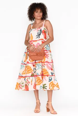 Amarta White Tropical Cotton Tiered Dress