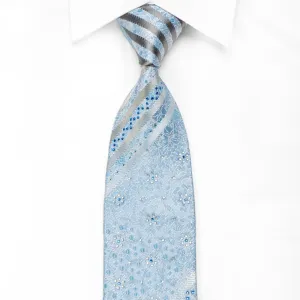 Arpeggio Men's Crystal Silk Necktie Silver Stripes & Floral On Blue With Sparkles