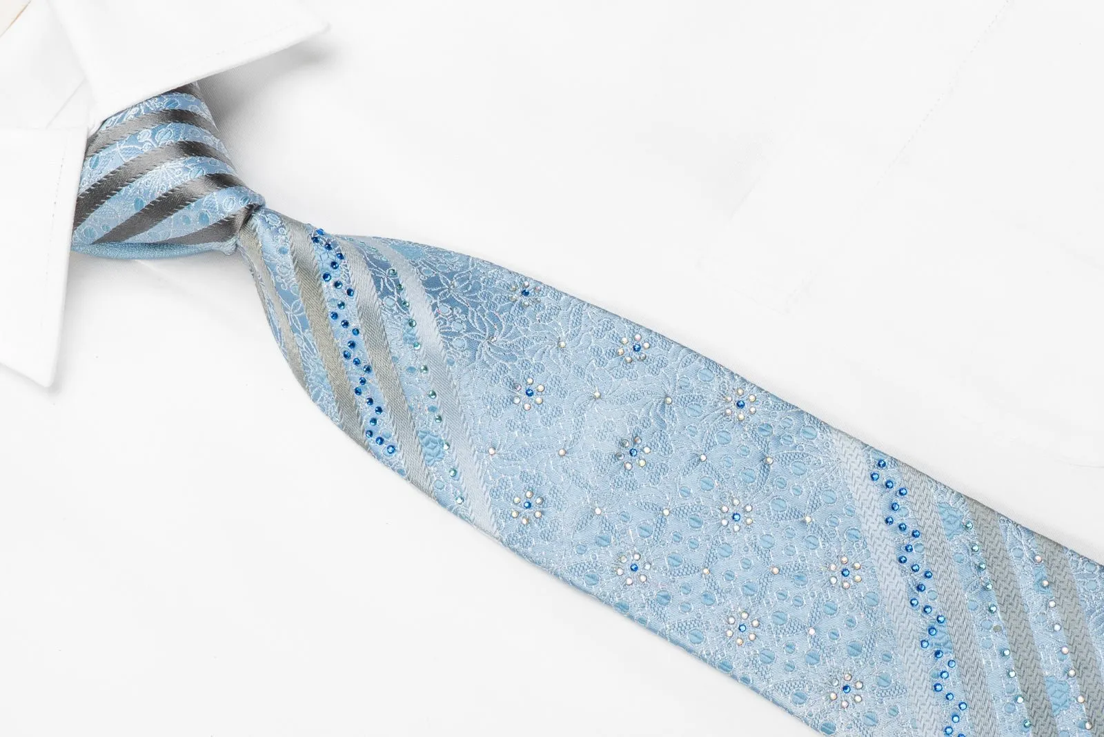 Arpeggio Men's Crystal Silk Necktie Silver Stripes & Floral On Blue With Sparkles