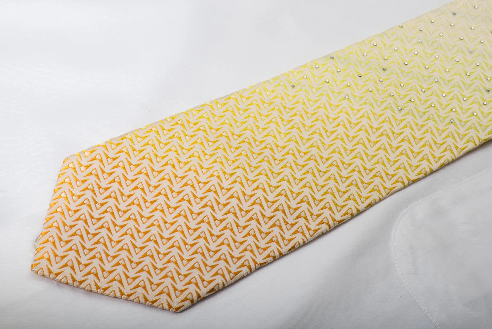 Austin Reed Rhinestone Silk Necktie Geometric Chevron On Yellow Orange With Silver Sparkles