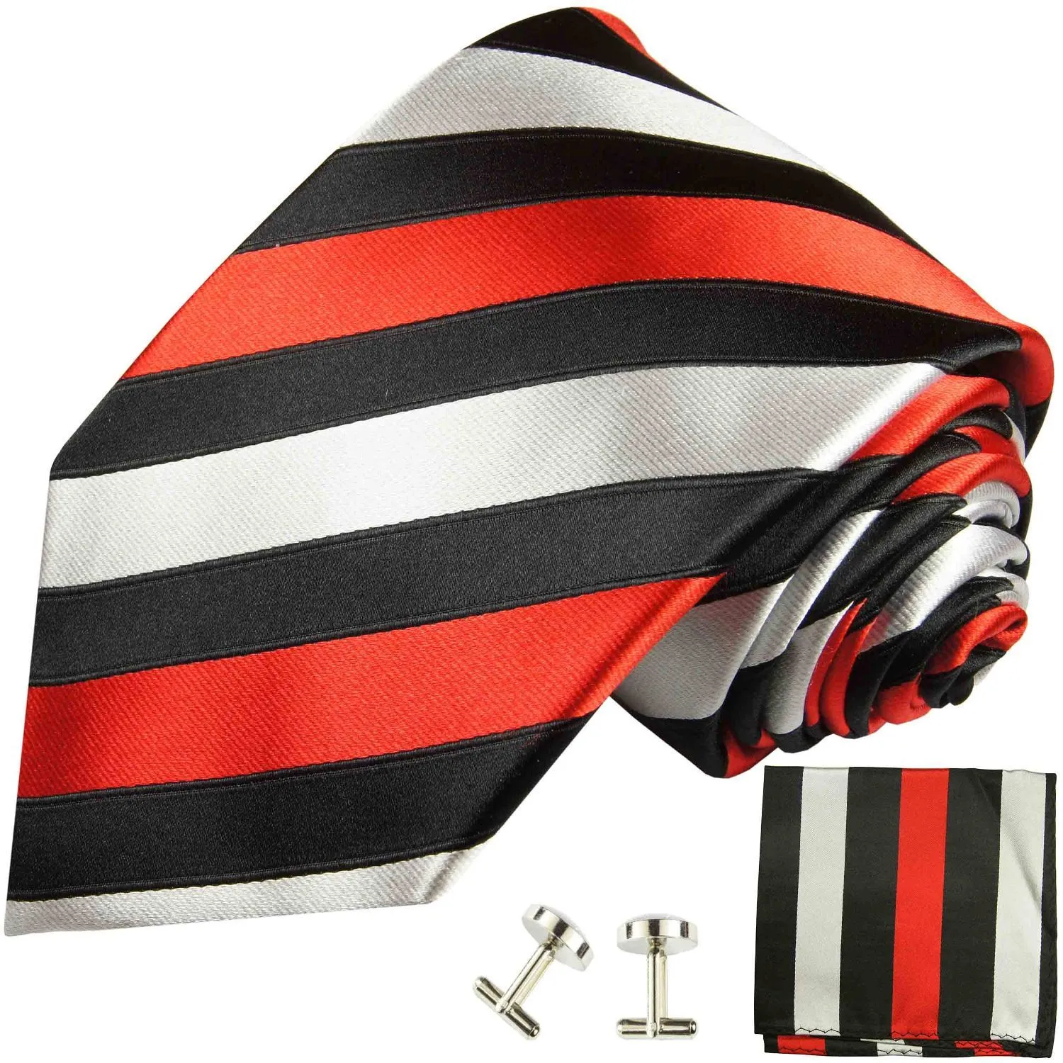 Black, Red and Silver Block Striped Silk Tie and Accessories