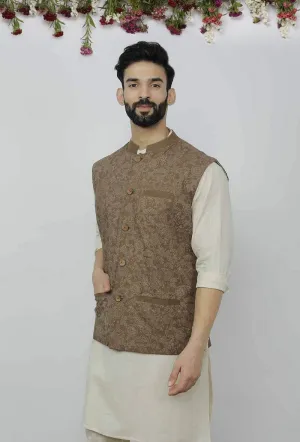 Block Printed Brown Nehru Jacket