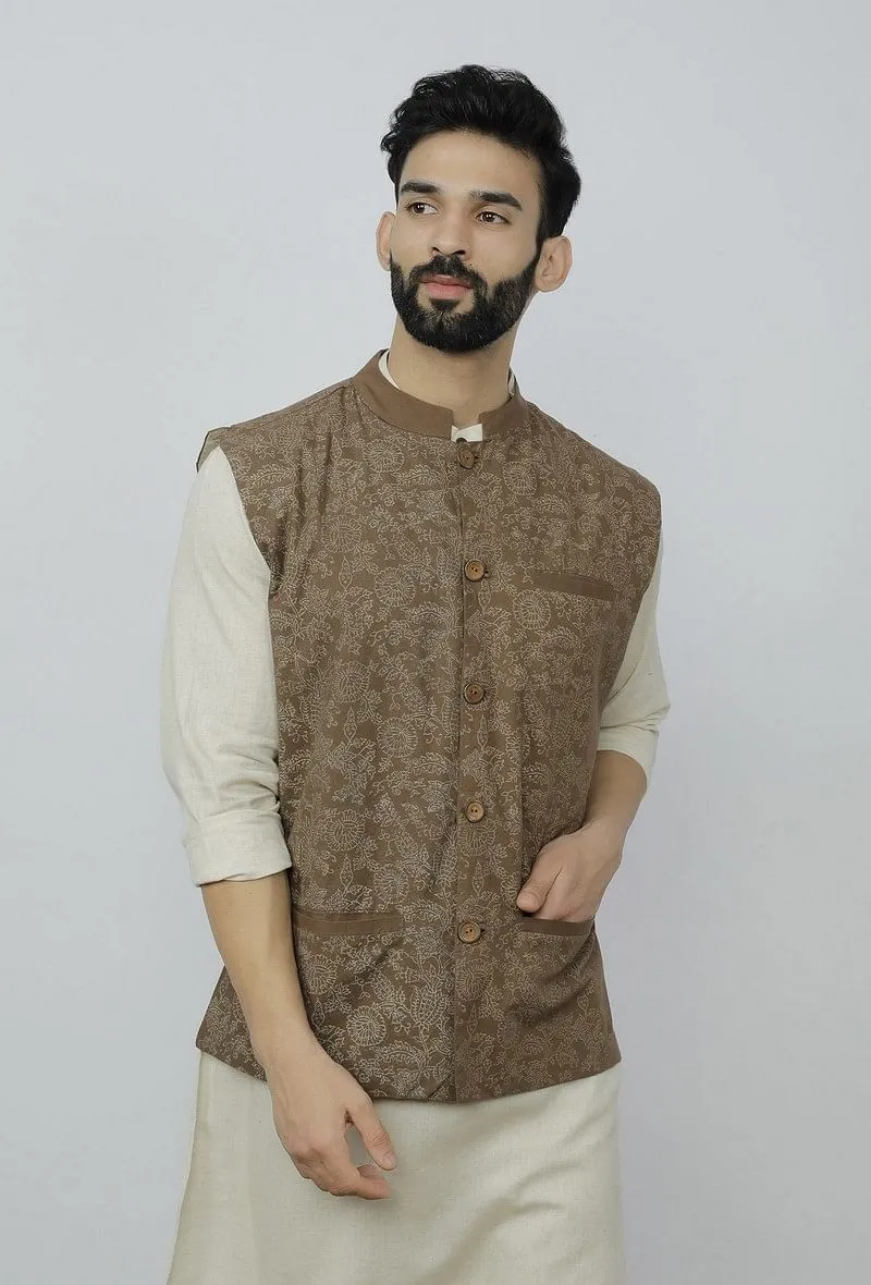 Block Printed Brown Nehru Jacket