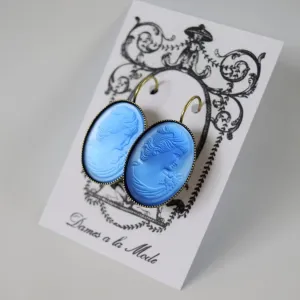 Blue Glass Cameo Earrings - Extra Large Ovals