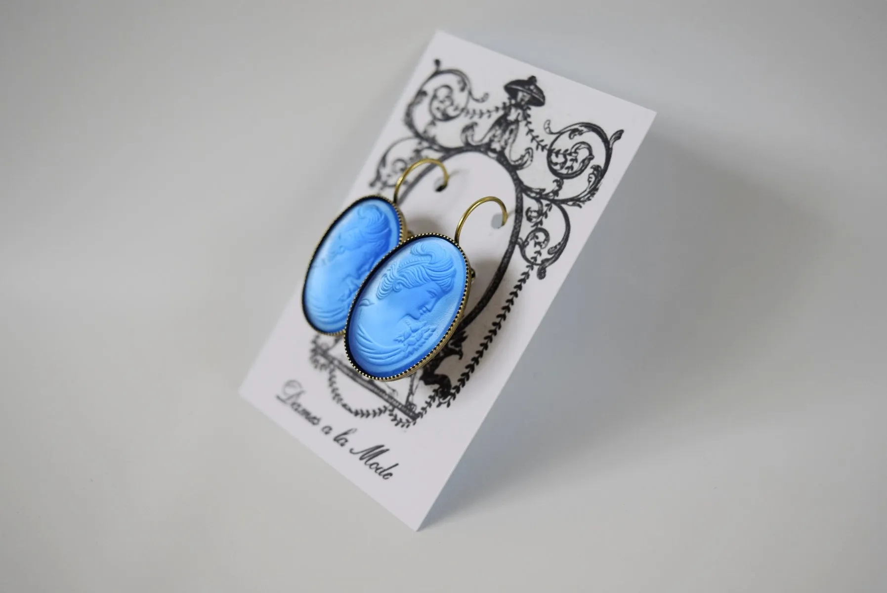 Blue Glass Cameo Earrings - Extra Large Ovals