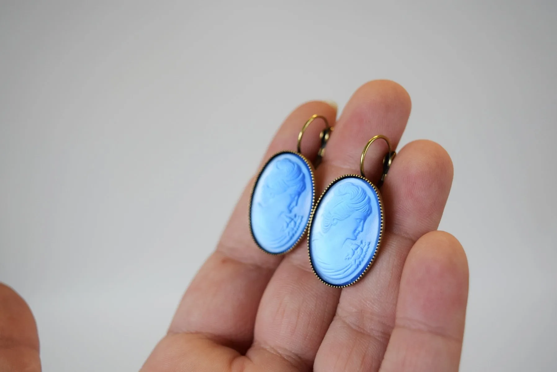 Blue Glass Cameo Earrings - Extra Large Ovals