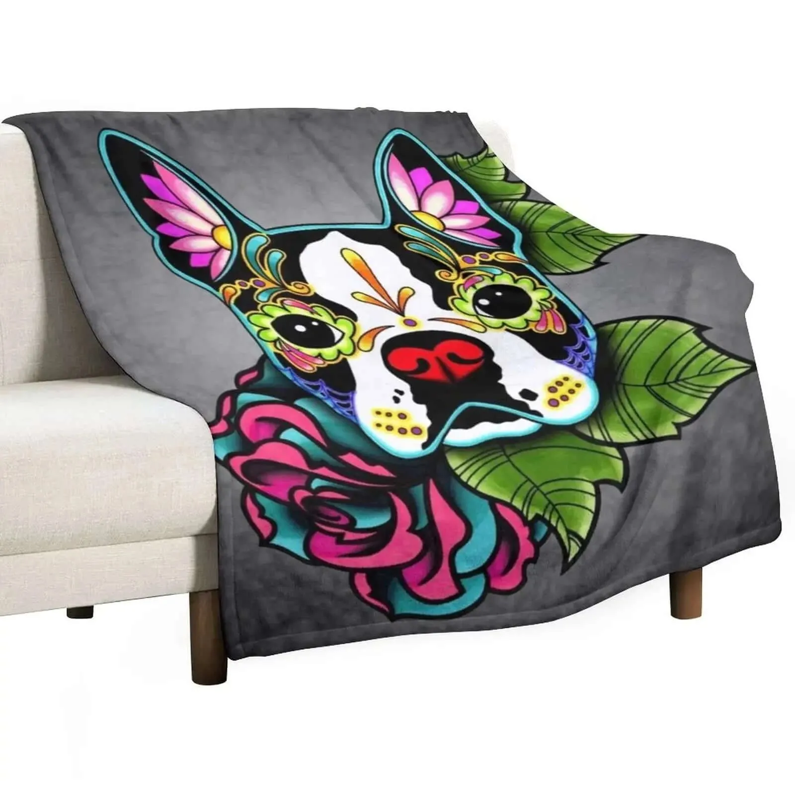 Boston Terrier in Black - Day of the Dead Sugar Skull Dog Throw Blanket