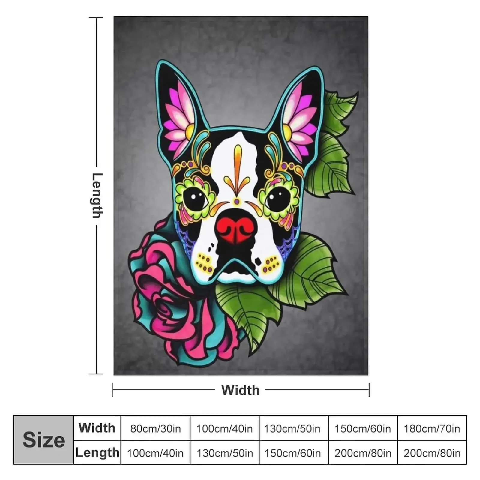 Boston Terrier in Black - Day of the Dead Sugar Skull Dog Throw Blanket