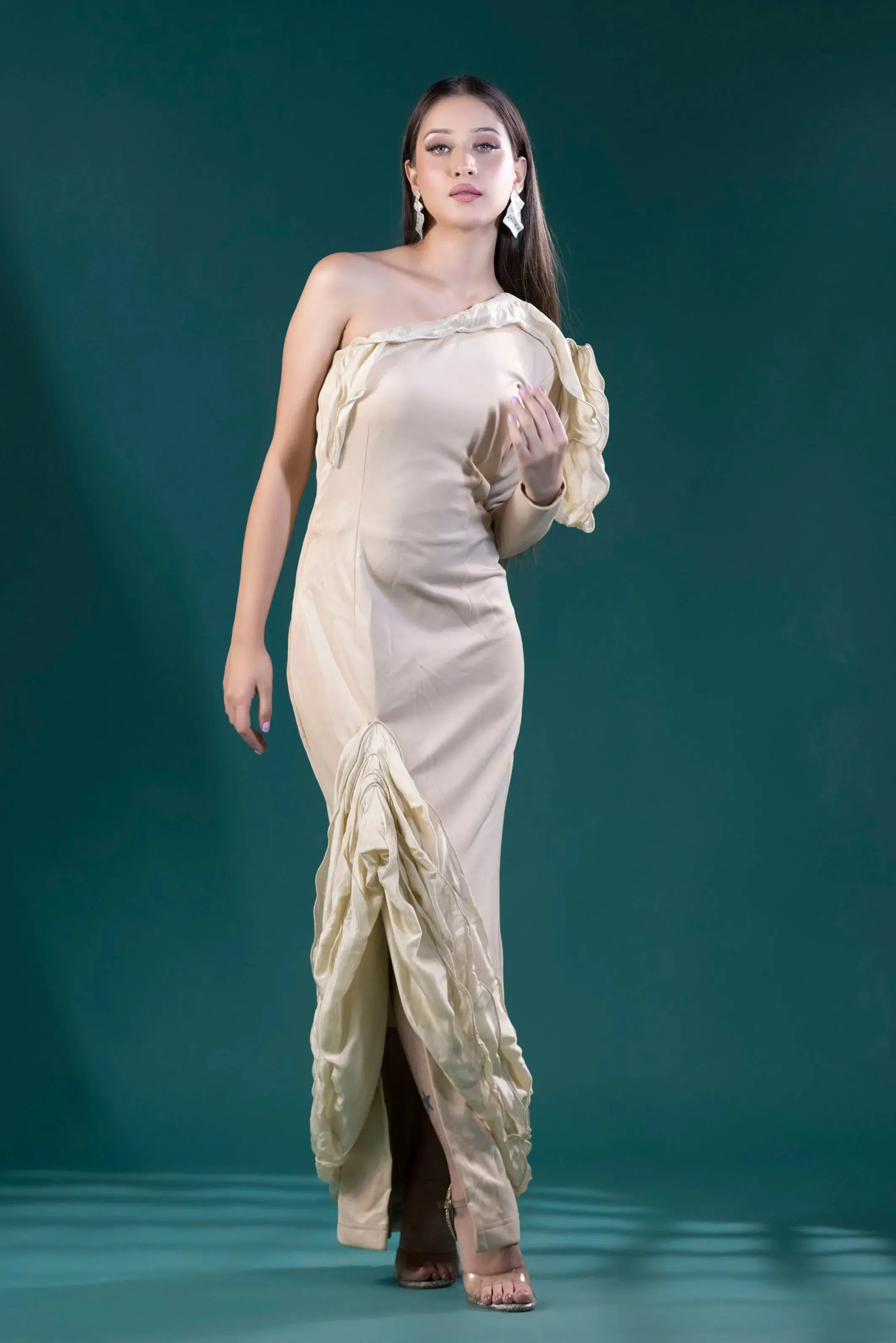 Chic Beige Long One shoulder frill dress, Smart Elegance for Any Occasion