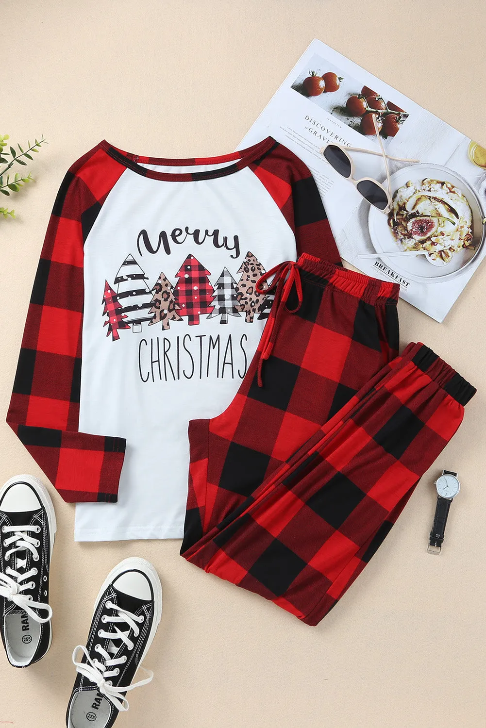 Christmas Pajama Sets | Fiery Red Plaid Merry Christmas Graphic Loungewear Set | Christmas Gift Ideas