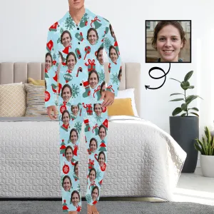 Custom Face Pajamas Red&Green Bell&Gift Sleepwear Personalized Men's Long Pajama Set