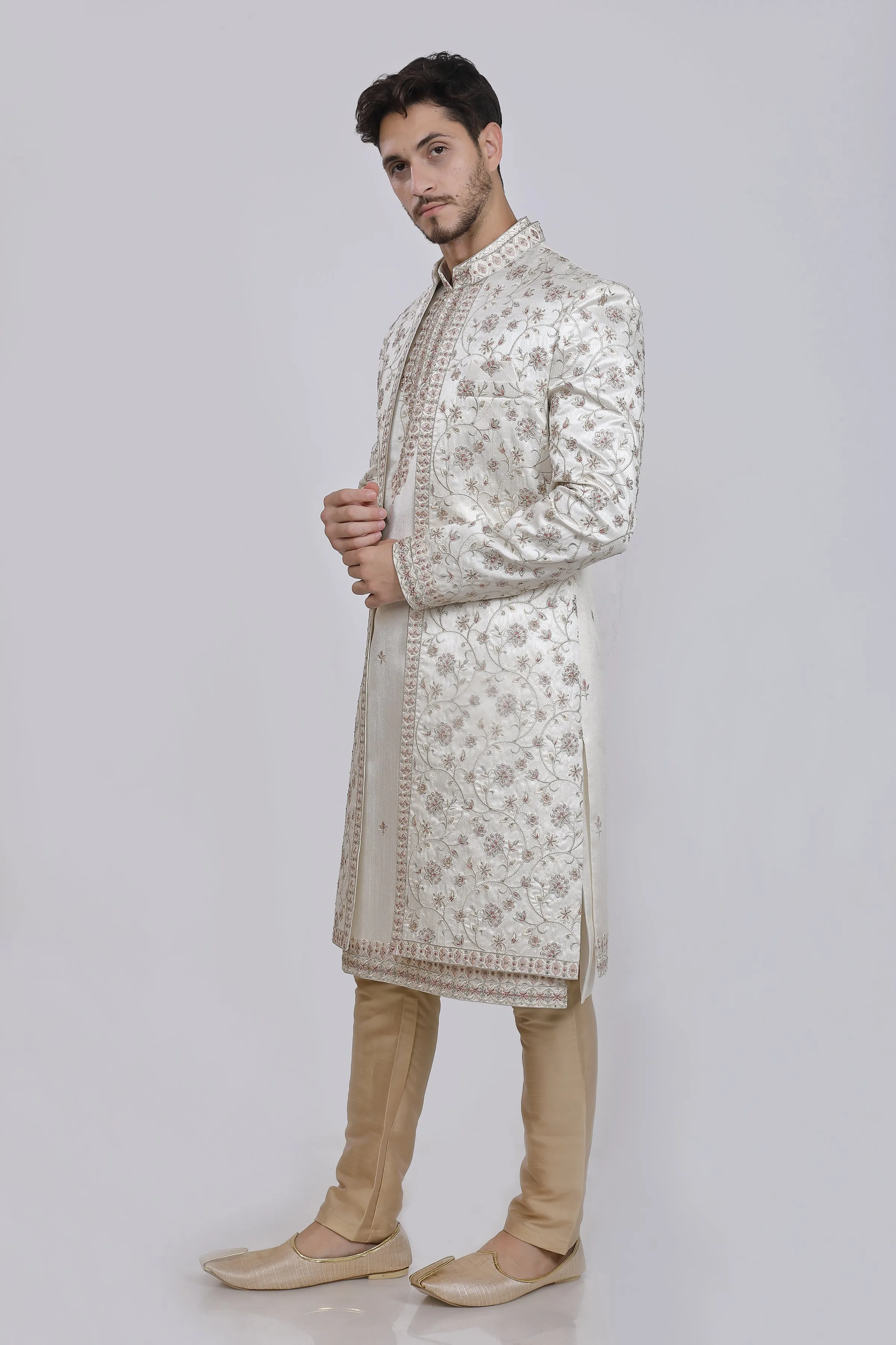 Daisy white mens sherwani kurta pyjama set