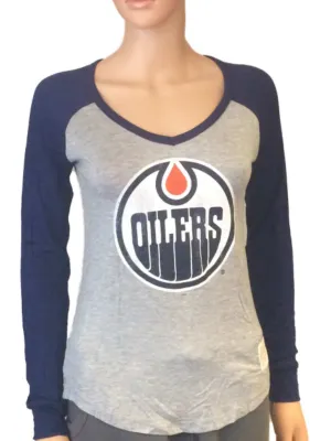 Edmonton Oilers Retro Brand Women Navy Two Tone V-Neck Long Sleeve T-Shirt