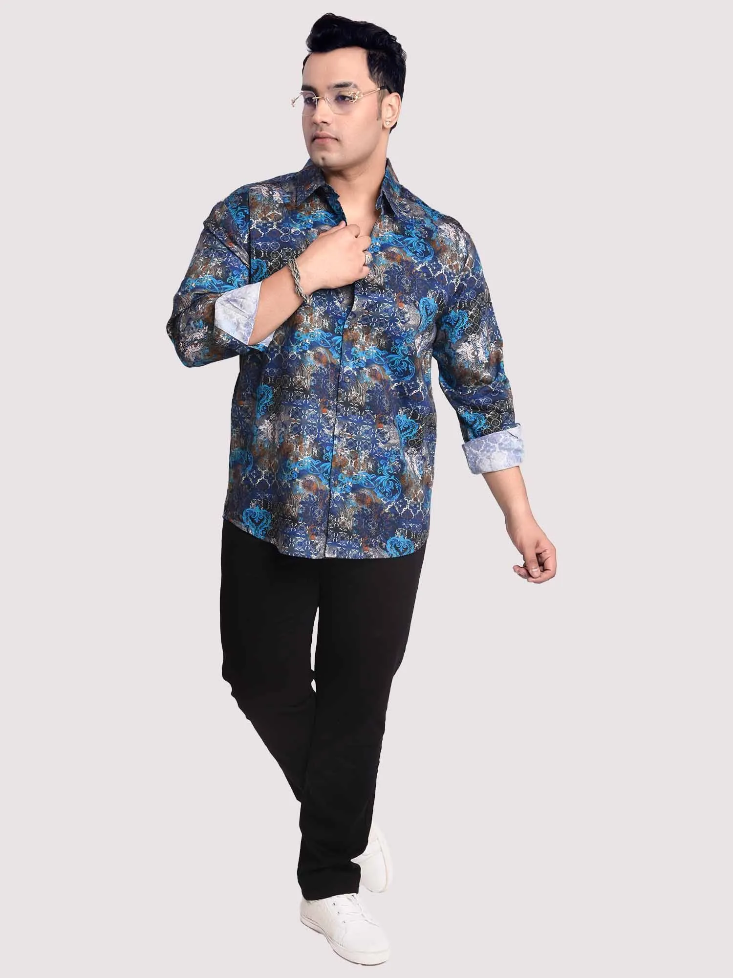 Electric Blue Mandal Printed Cotton Full sleeve Men's Plus size