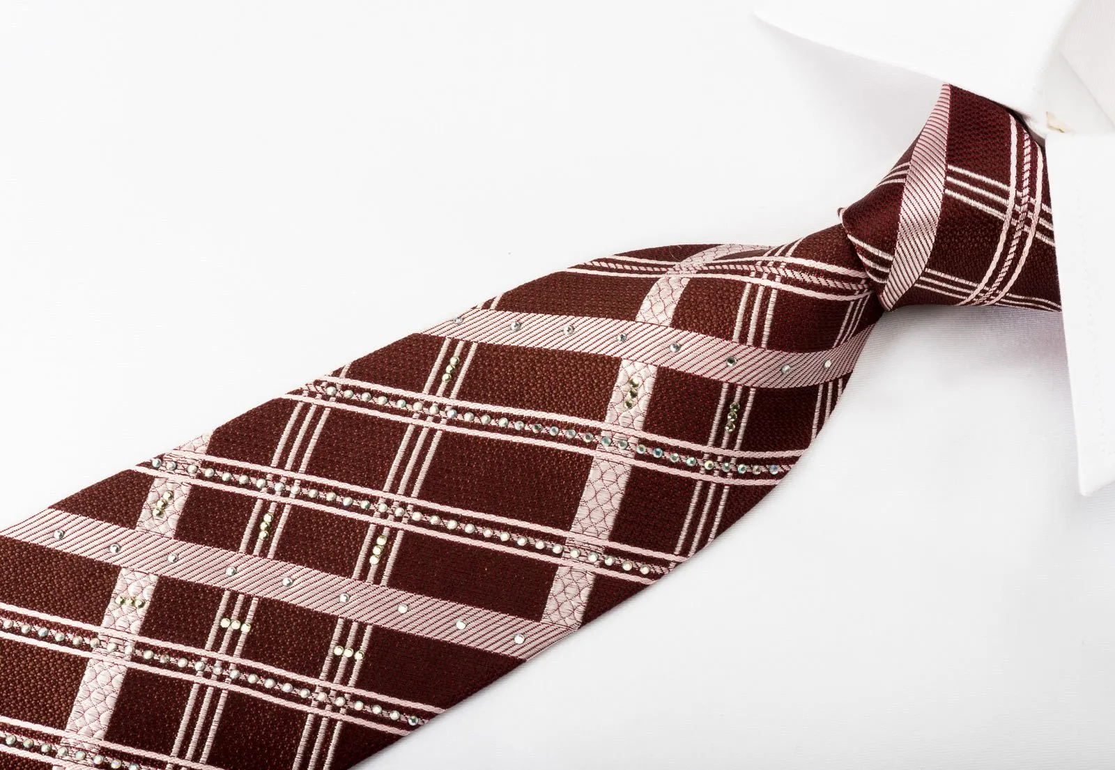 Elle Homme Silk Tie Plaid Stripes On Brown With Rhinestones