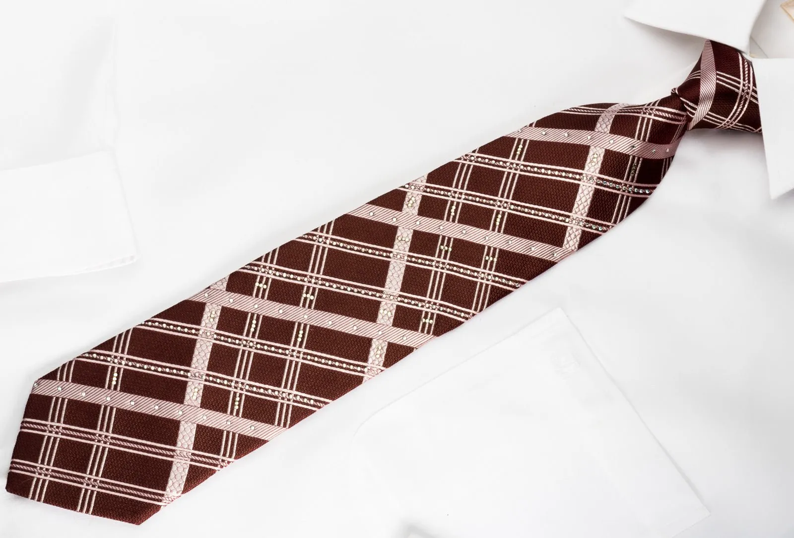 Elle Homme Silk Tie Plaid Stripes On Brown With Rhinestones