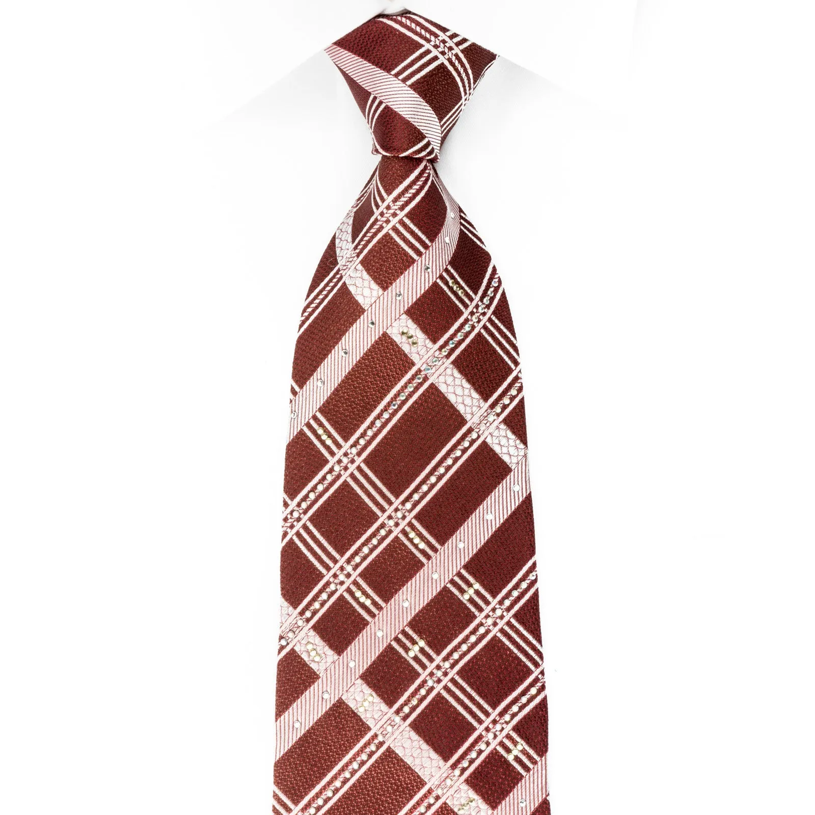 Elle Homme Silk Tie Plaid Stripes On Brown With Rhinestones