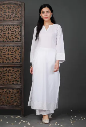 Embroidered Straight White Cotton Kurta