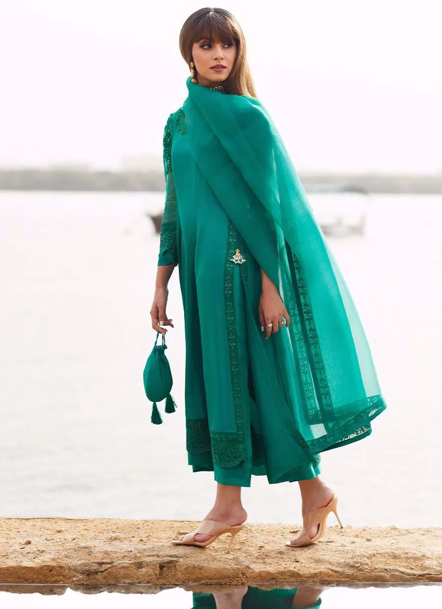 Emerald silk Kalidaar with pure organza embroidered dupatta