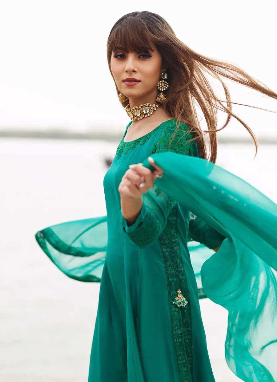 Emerald silk Kalidaar with pure organza embroidered dupatta