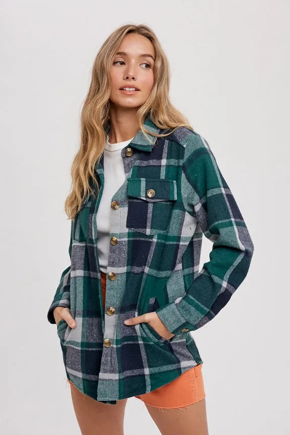 Flannel Green Plaid Shacket with Pockets