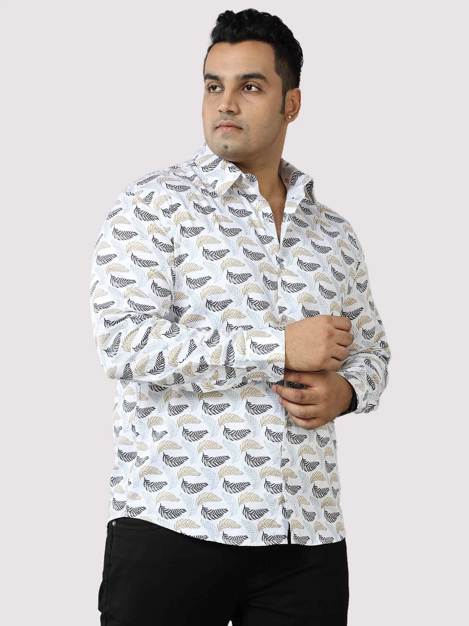 Golden Grey Leaf Printed Cotton Full Shirt Men's Plus Size