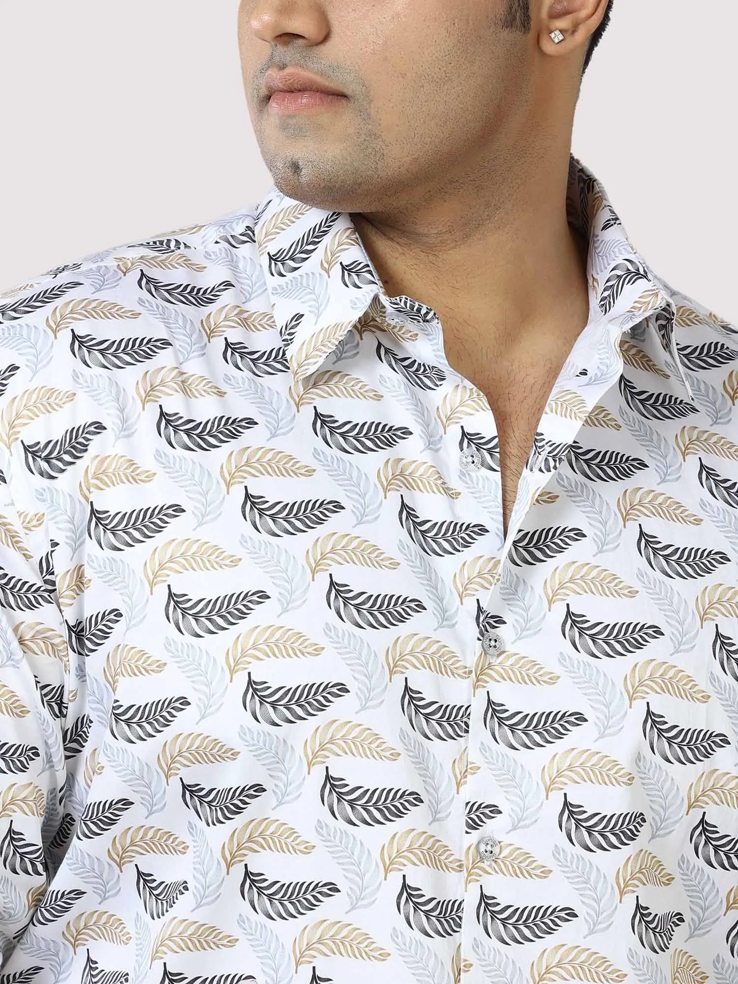 Golden Grey Leaf Printed Cotton Full Shirt Men's Plus Size