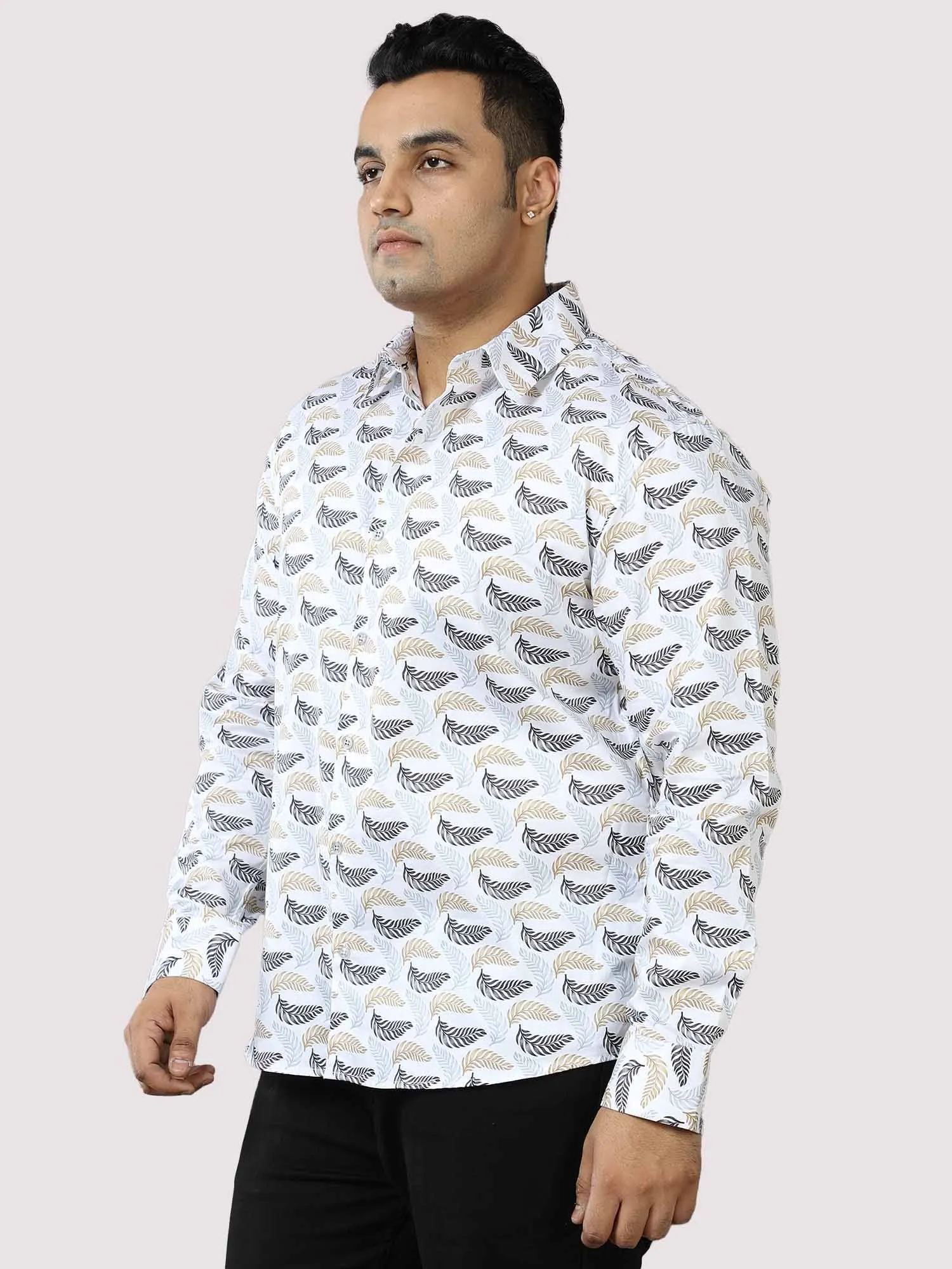 Golden Grey Leaf Printed Cotton Full Shirt Men's Plus Size