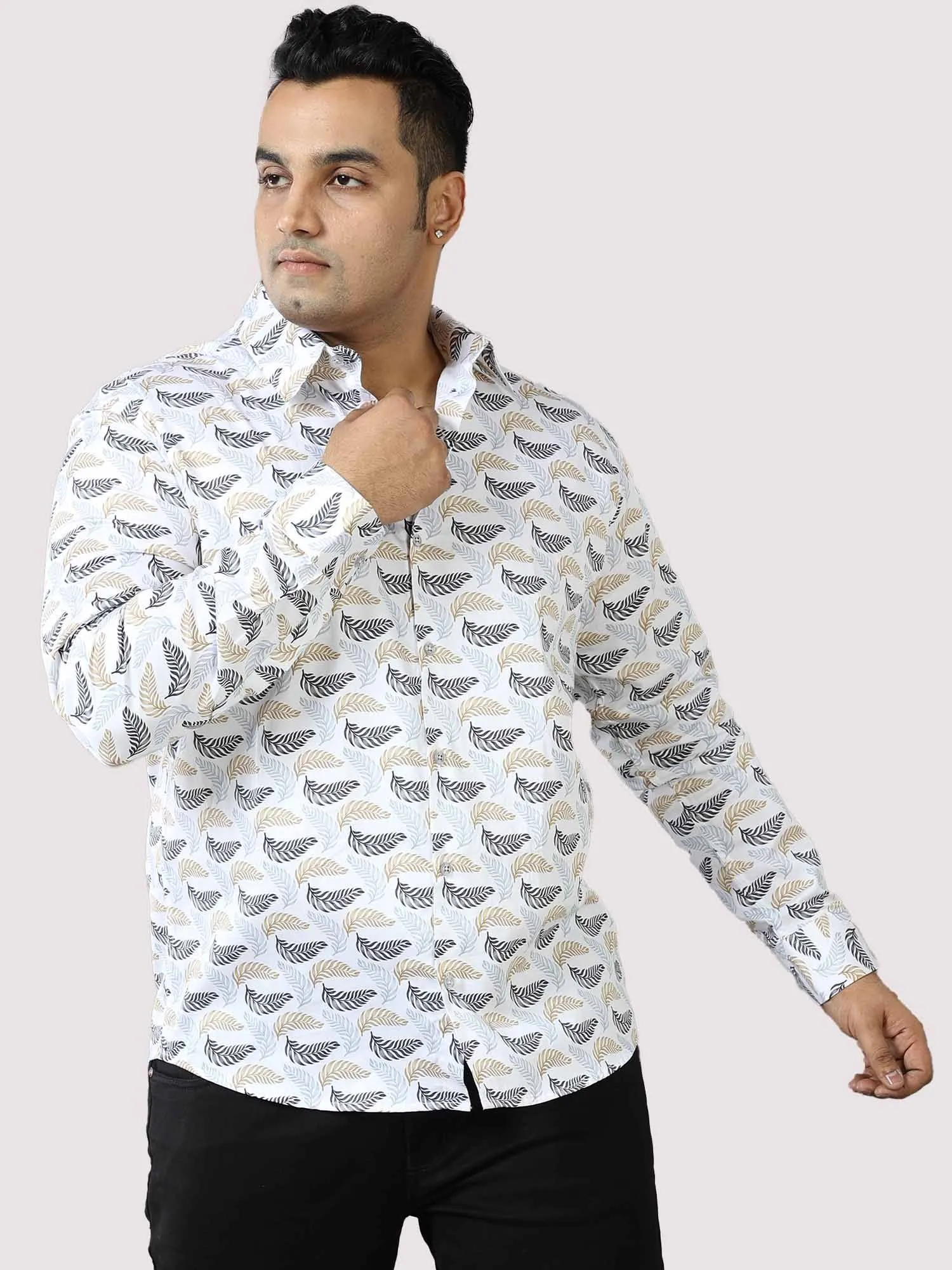 Golden Grey Leaf Printed Cotton Full Shirt Men's Plus Size