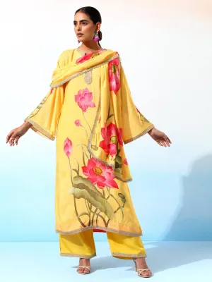 Gul Muslin Floral Printed Yellow Kurta Set