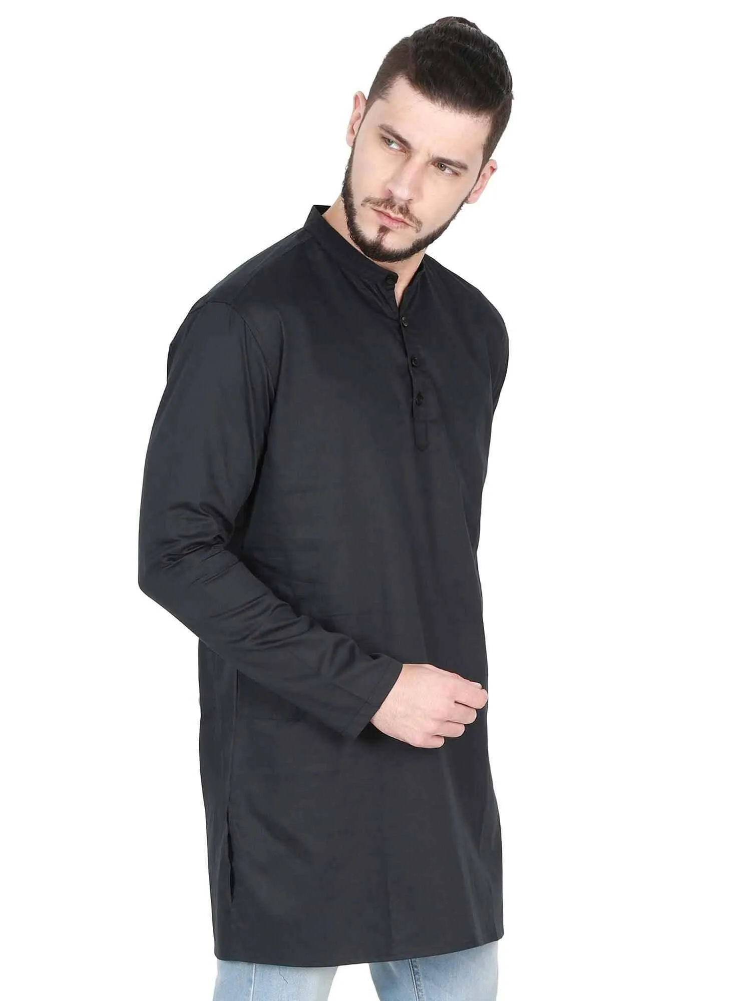 Guniaa Black Solids Giza Cotton Long Kurta