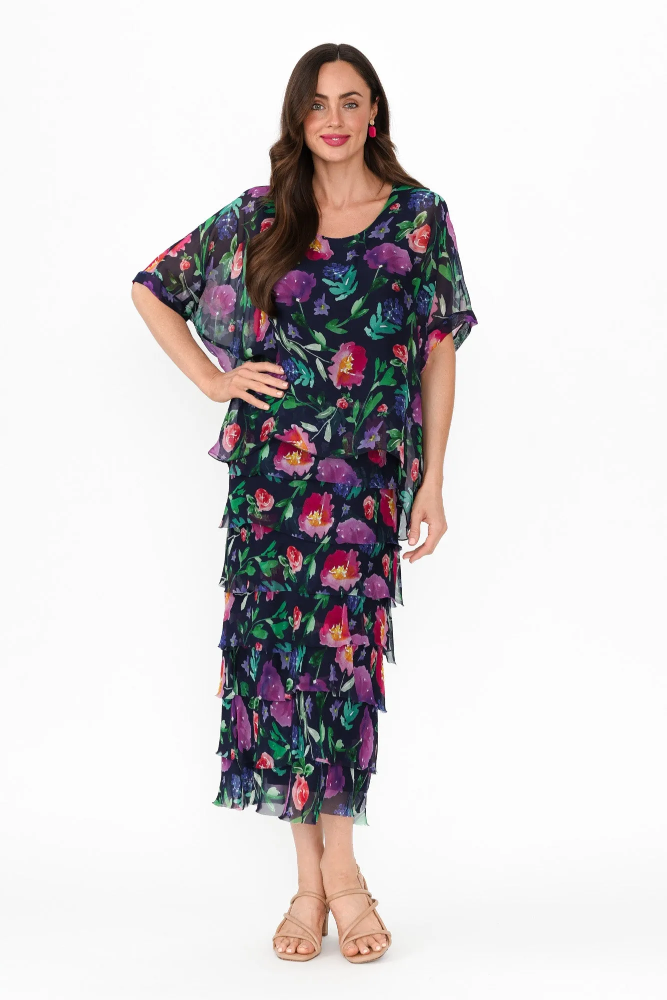 Katerina Navy Botanical Silk Overlay Maxi Dress