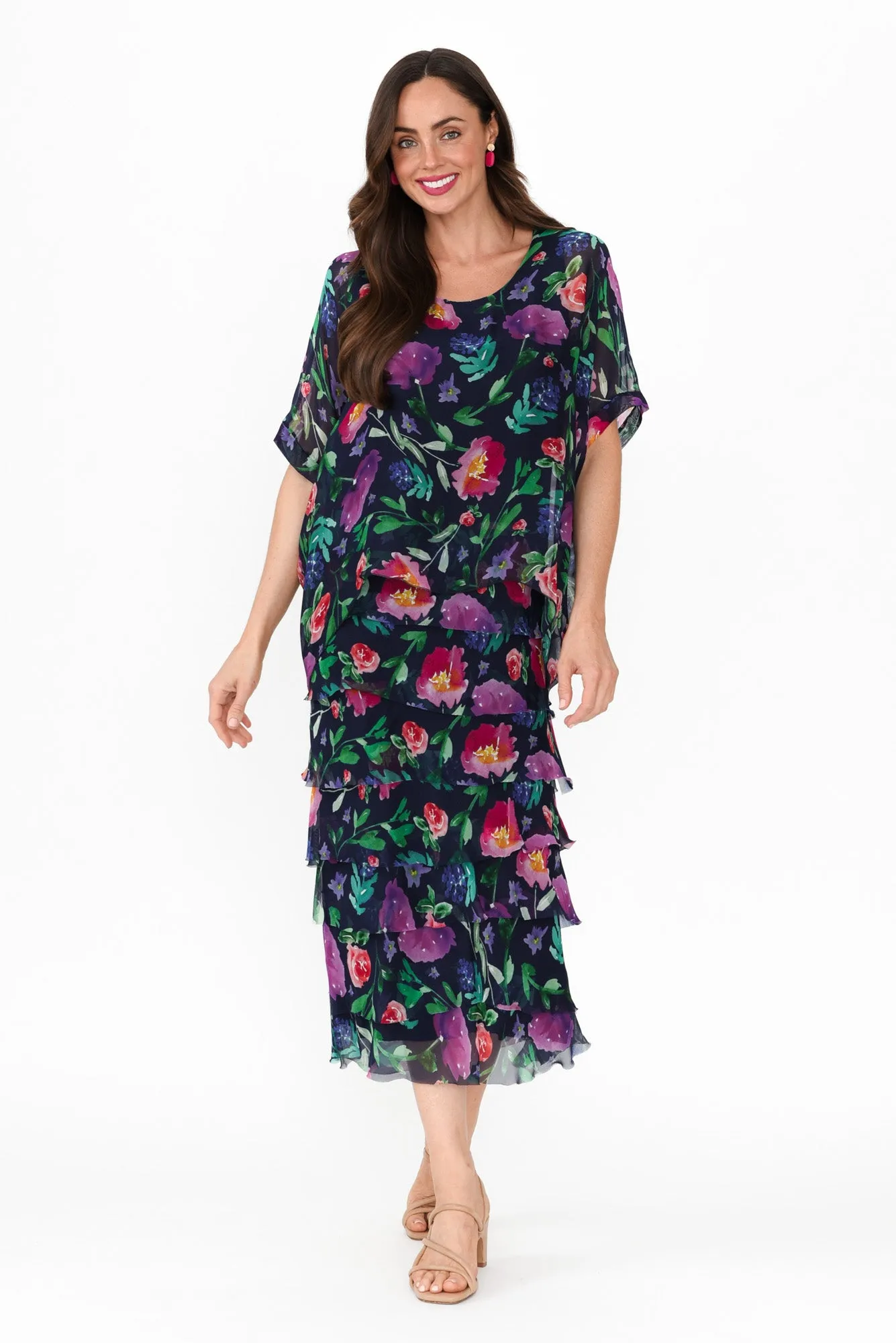 Katerina Navy Botanical Silk Overlay Maxi Dress