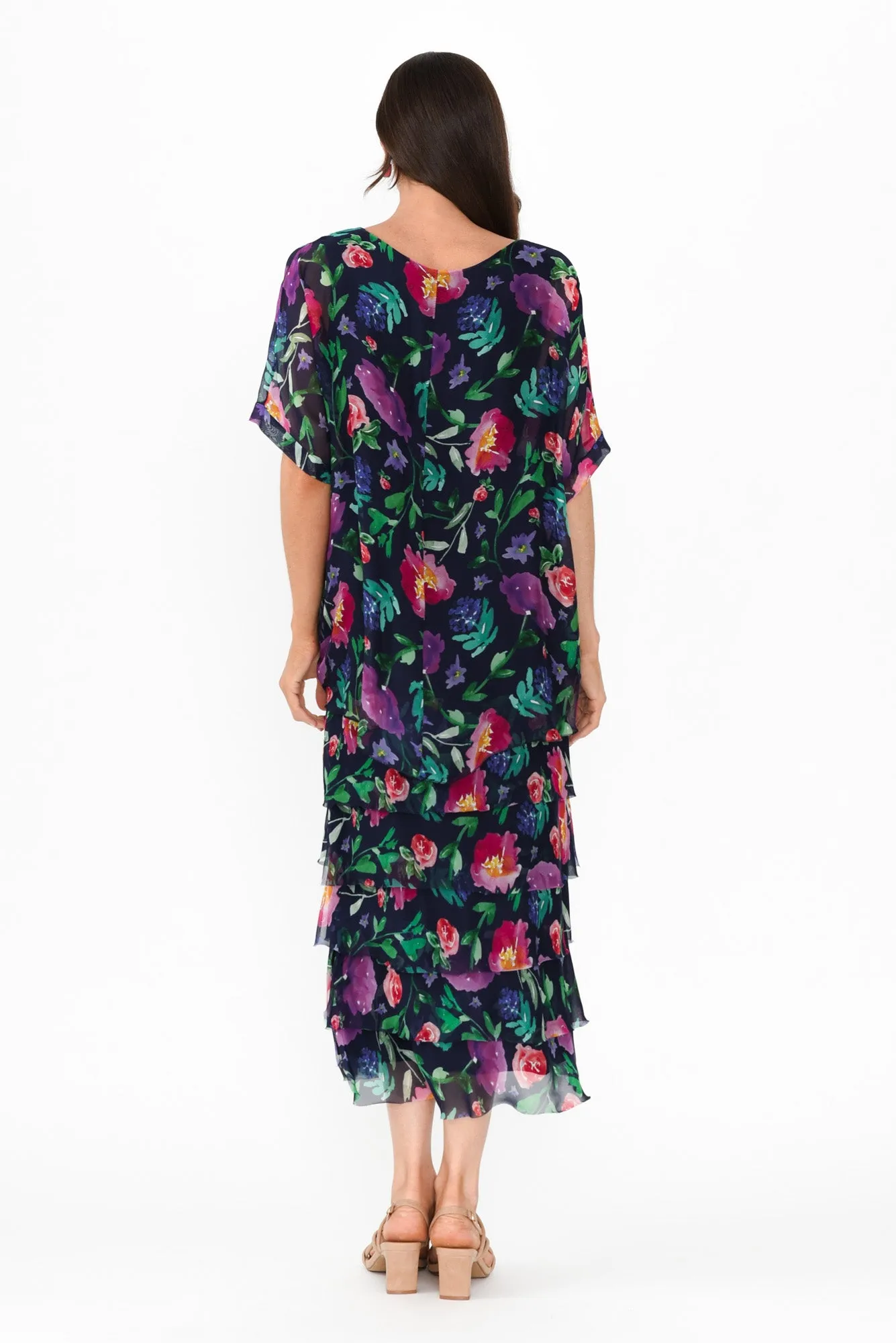 Katerina Navy Botanical Silk Overlay Maxi Dress