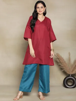 Maroon CottonSlub ShortKurti & Teal Palazzo