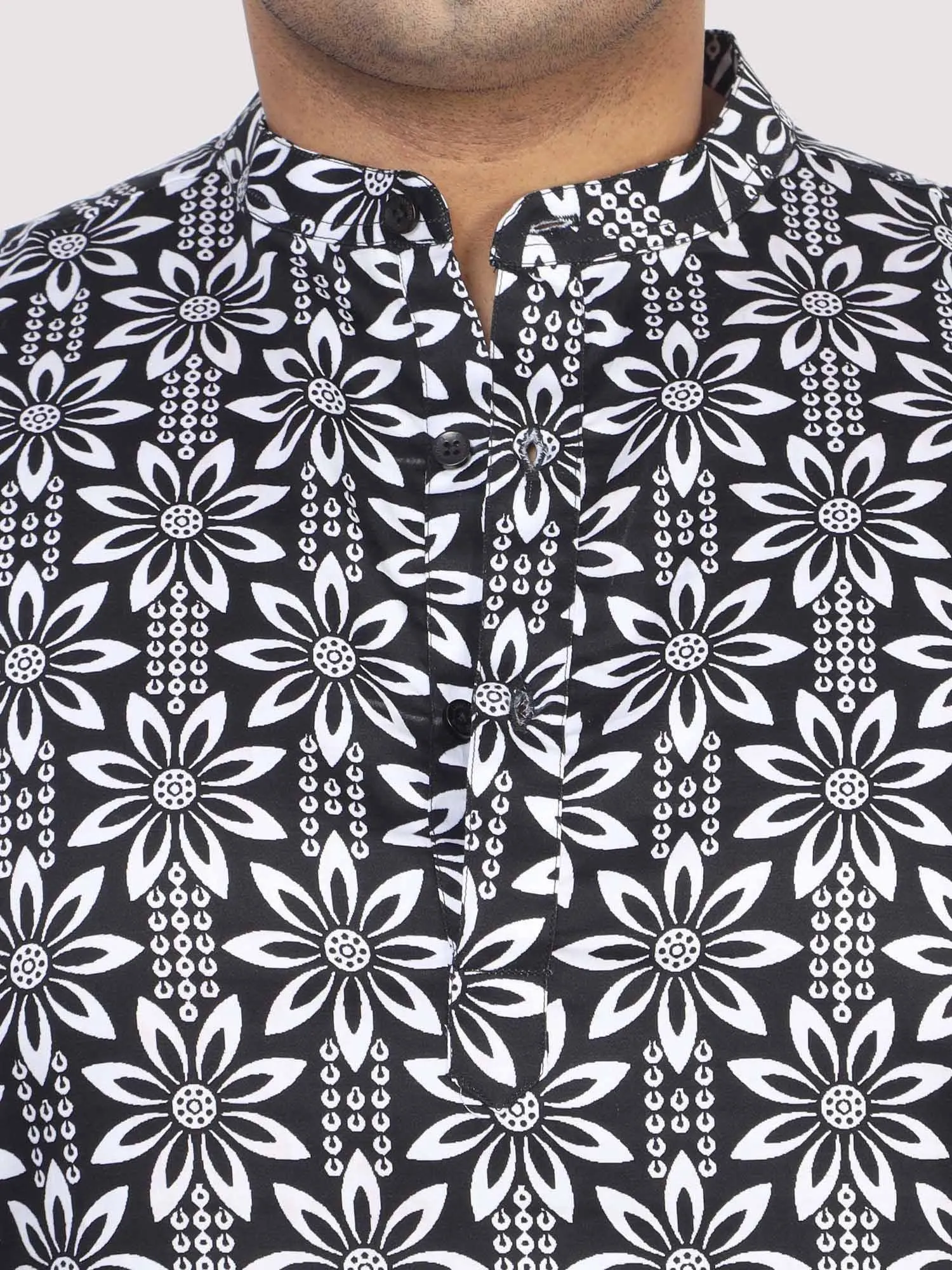 Men Plus Size Black Floral Digital Printed Kurta