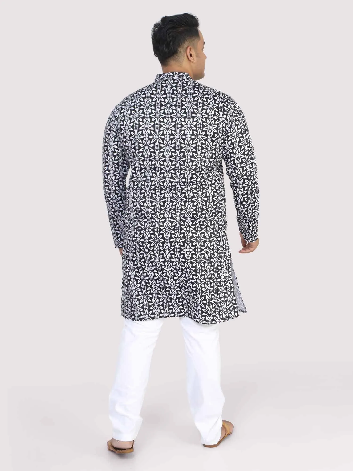 Men Plus Size Black Floral Digital Printed Kurta