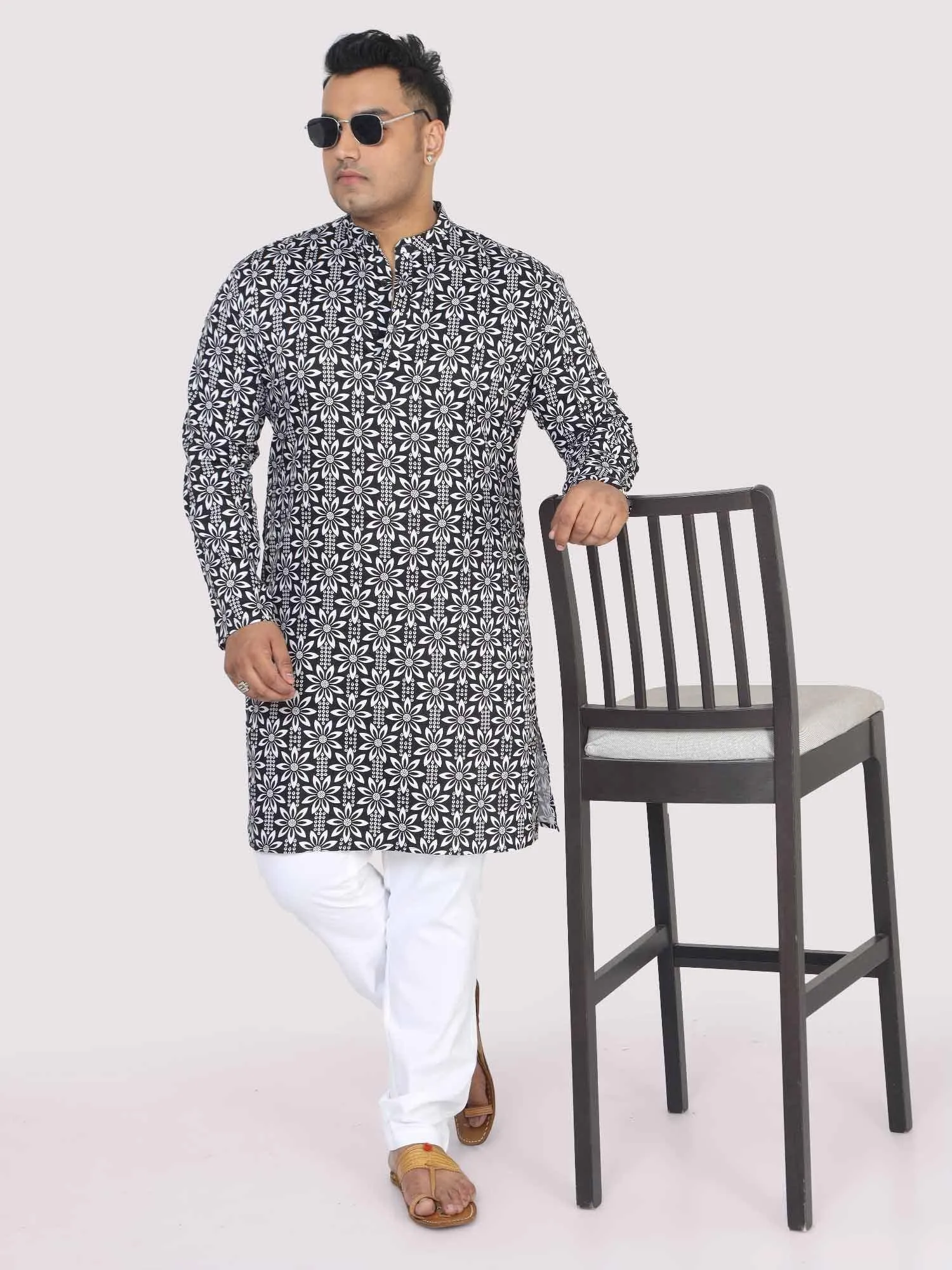 Men Plus Size Black Floral Digital Printed Kurta