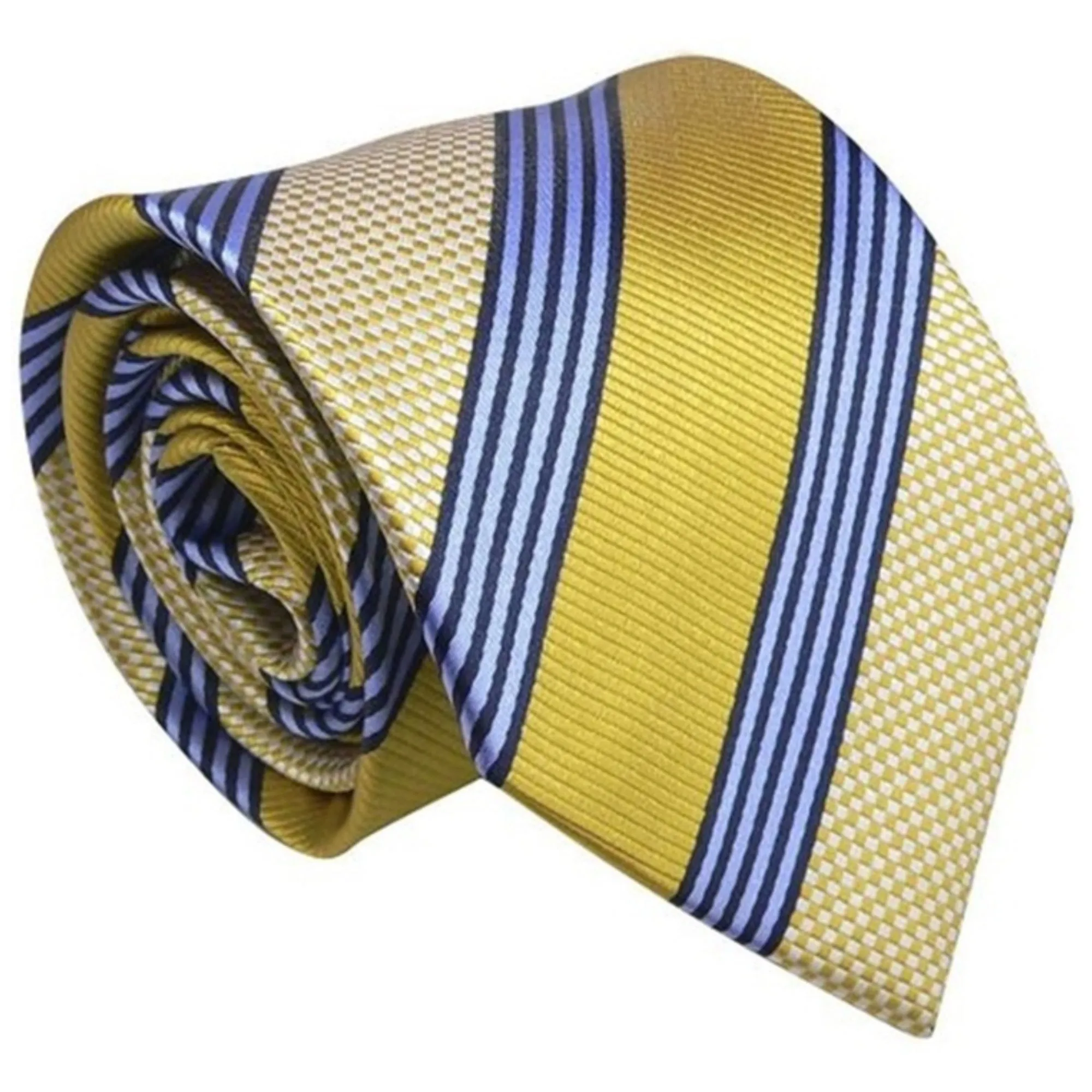 Men's Yellow And Blue Stripes Silk Neck Tie Set  Cufflinks & Hanky