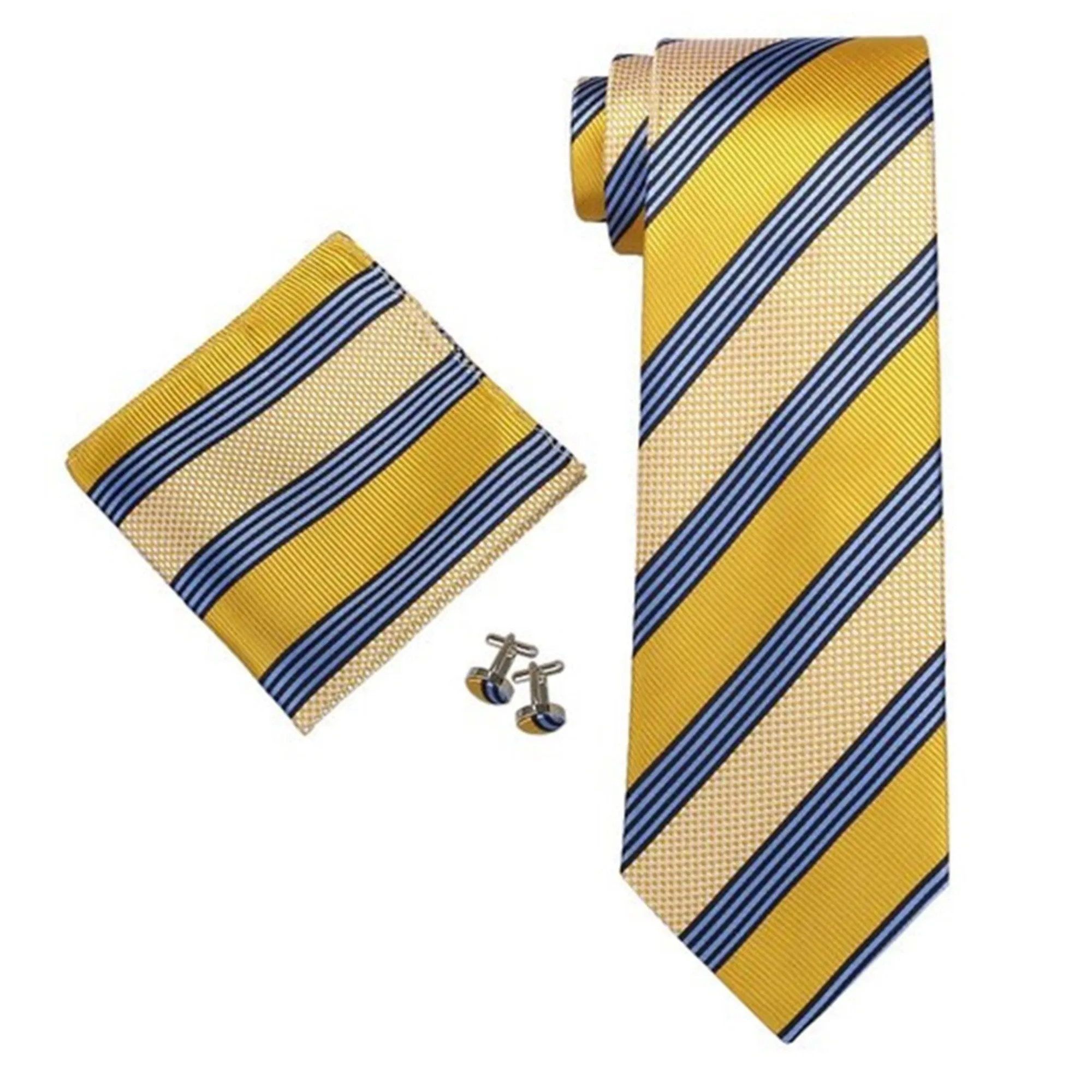 Men's Yellow And Blue Stripes Silk Neck Tie Set  Cufflinks & Hanky