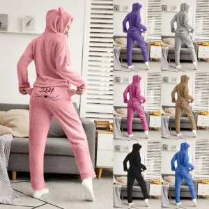 Nightgowns Solid Color Warm Pajamas Set Long Sleeve Tops  Pant Two Piece Cute Cat Print Hooded Sleeping Pajamas Hoodie