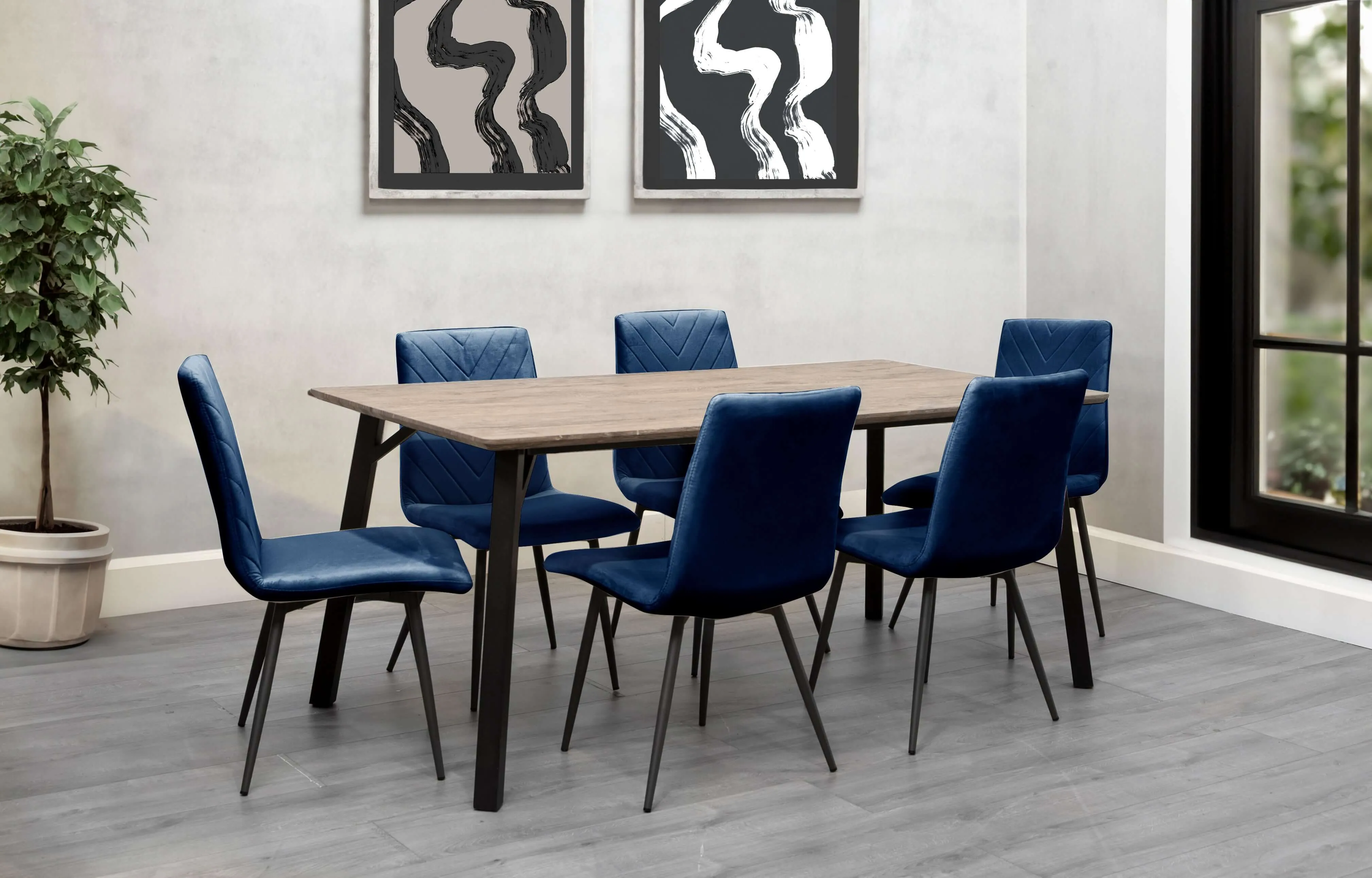 Oak Finish Dining Table 1.8m & 6 x Velvet Blue Chairs