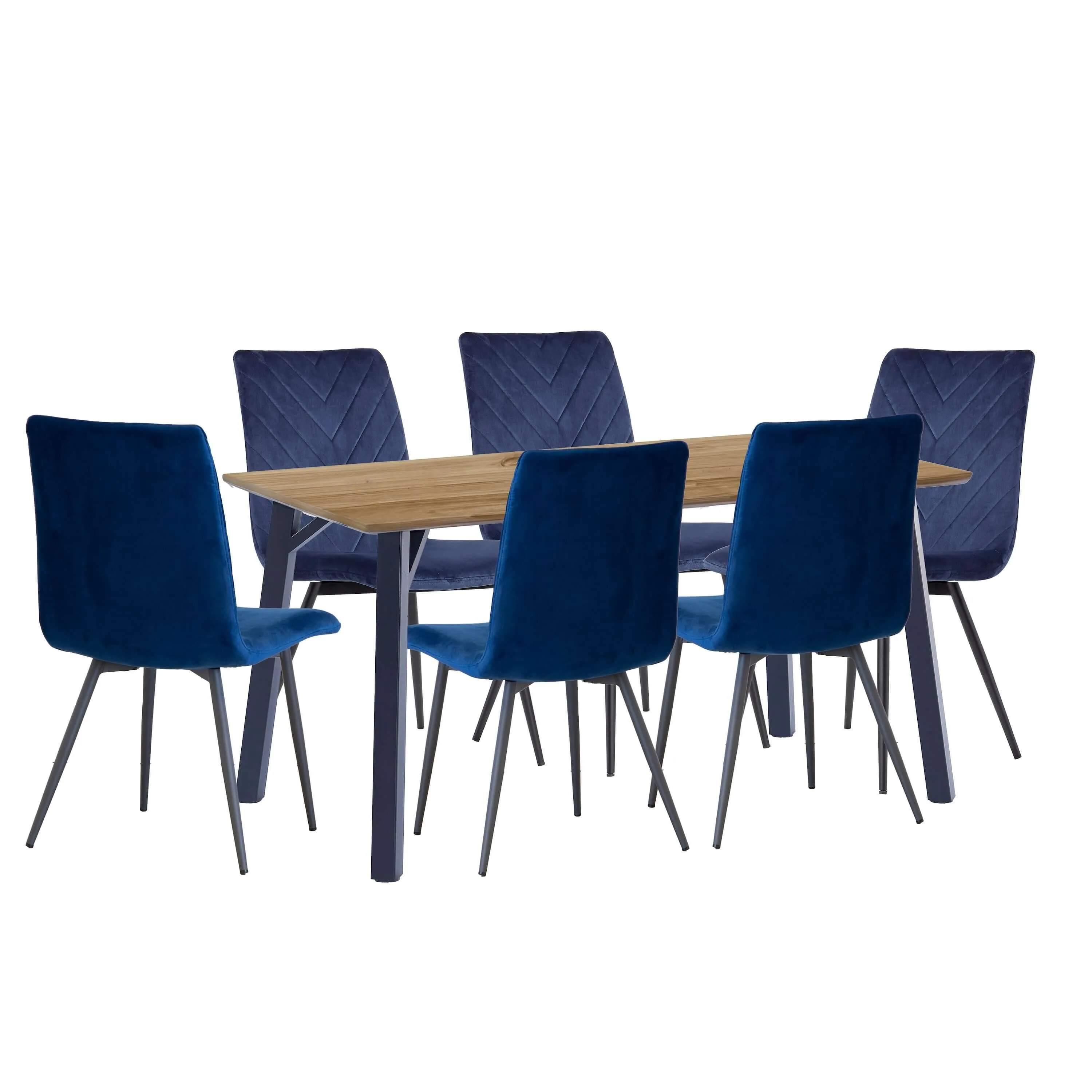 Oak Finish Dining Table 1.8m & 6 x Velvet Blue Chairs