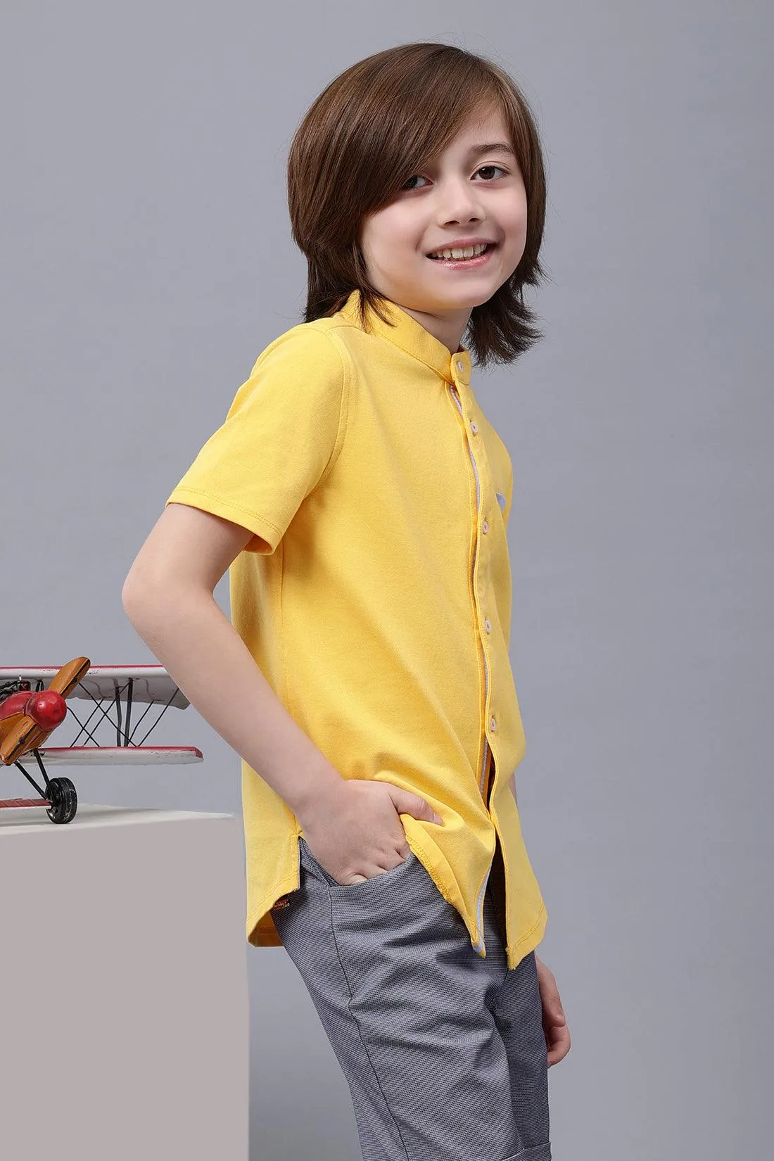 One Friday Kids Boys Yellow Chinese Collar Cotton Shirt