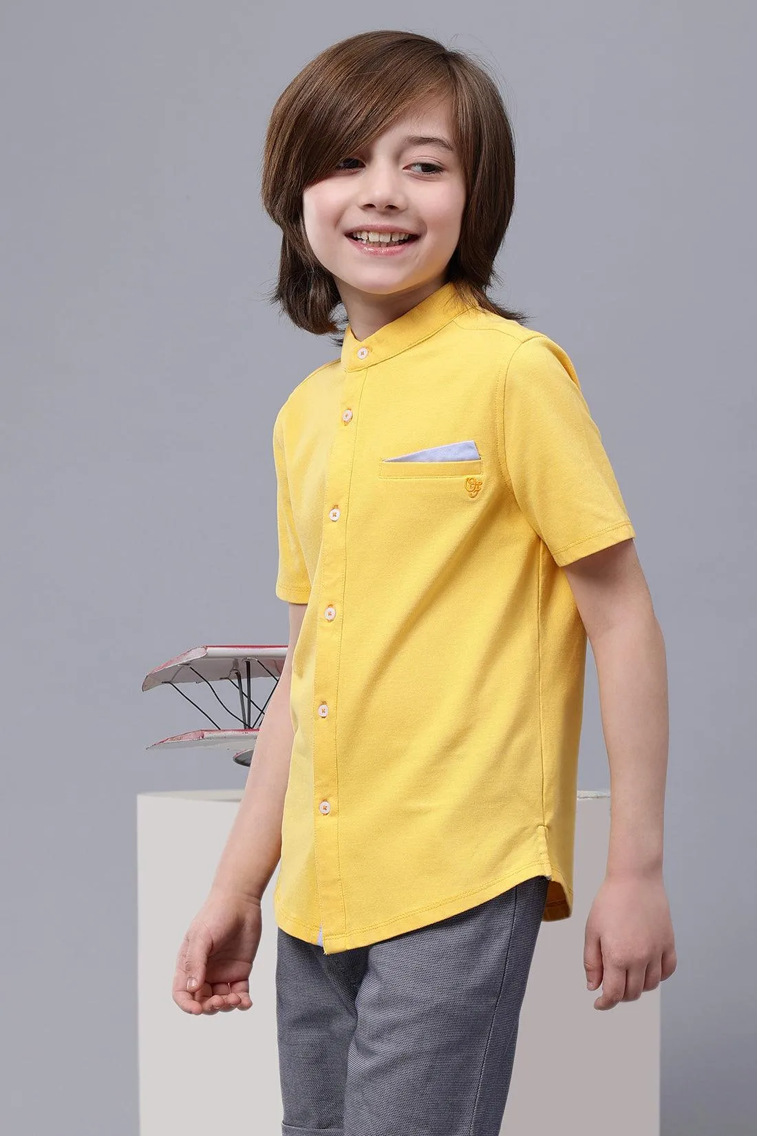 One Friday Kids Boys Yellow Chinese Collar Cotton Shirt